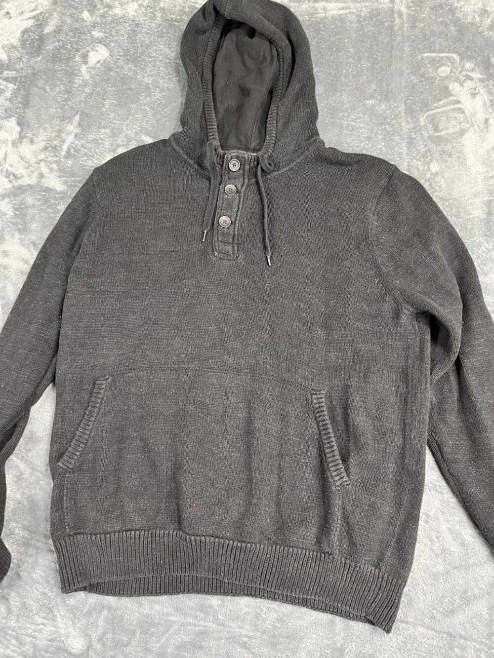 H&M L.O.G.G. Mens Gray Knit Hoodie Button Placket Kangaroo Pocket XL